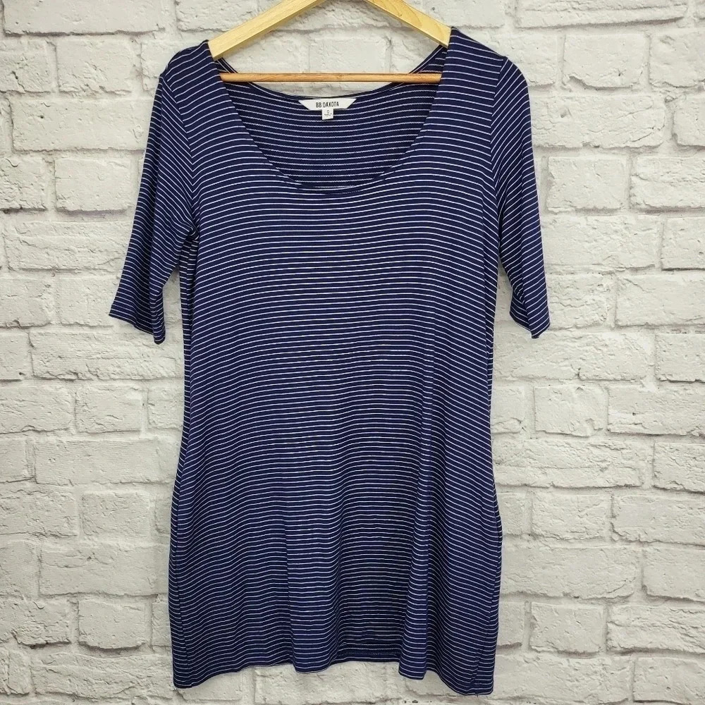 BB Dakota Navy White/Cream Micro Striped Tunic Dress w/pockets Sz S
